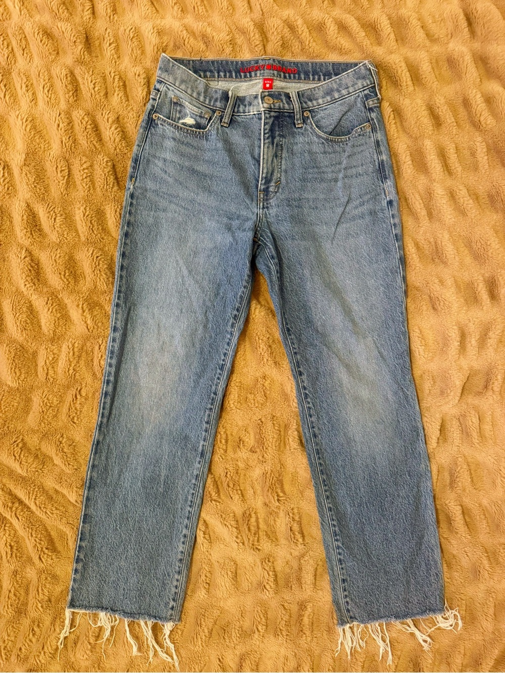 Lucky Brand Medium Blue High-Rise Cropped Jeans with Frayed Hem